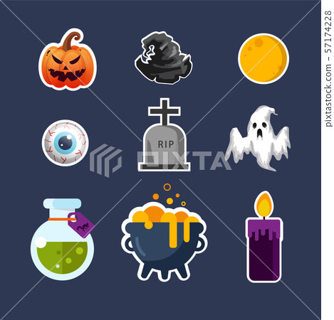 Halloween icon elements. Pumpkin, Eye, Ghost, Pot and Witch hat. Lovely and Creative Halloween Day elements. 57174228