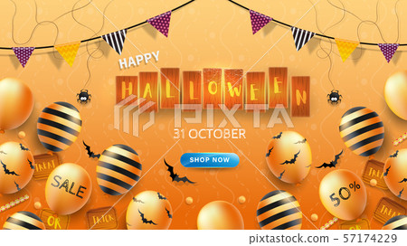 Happy Halloween Banner or Background with Halloween text on wooden board and Halloween Bat pattern Balloons on orange yellow background.Modern and Creative design in EPS10 vector illustration. 57174229