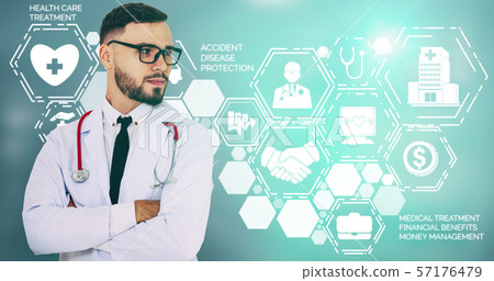 Doctor with Medical Healthcare Graphic in Hospital Doctor with Medical Healthcare Graphic in Hospital 57176479