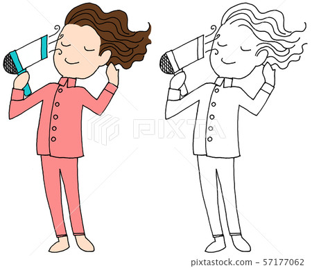 Woman applying hair dryer [Digital coloring] [Hand drawing] [Analog illustration] [With line drawing] 57177062