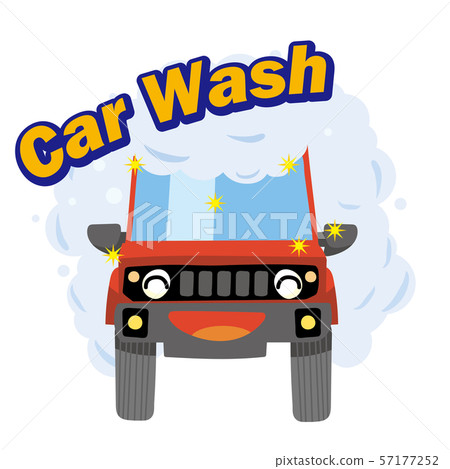 An anthropomorphic illustration of a smiling car during a car wash | Cars wrapped in bubbles | Light cars, RV cars, crossover cars Red An anthropomorphic illustration of a smiling car during a car wash | Cars wrapped in bubbles | Light cars, RV cars, crossover cars Red 57177252