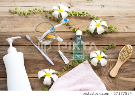 toothbrush ,toothpaste ,mouthwash health care for oral cavity with herbal soap ,terry cloth health care for body skin of lifestyle woman  57177834