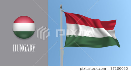Hungary waving flag on flagpole and round icon 57180030