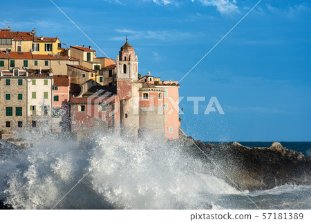 Big waves Mediterranean sea - Tellaro village Liguria Italy  57181389