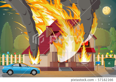 Wooden house burns. Fire in cottage. 57182166