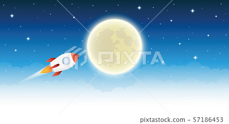 space ship flying in to space to the moon in starry sky 57186453