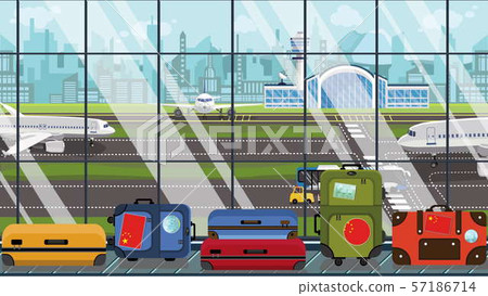 Suitcases with China flag stickers on baggage carousel in airport. Chinese tourism related 57186714