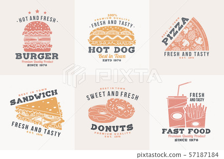 Set of fast food retro badge design. Vintage design with hotdog, burger, pizza for cafe, restaurant Set of fast food retro badge design. Vintage design with hotdog, burger, pizza for cafe, restaurant 57187184