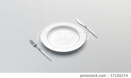 Blank white plate mockup with fork and knife, side view 57188254