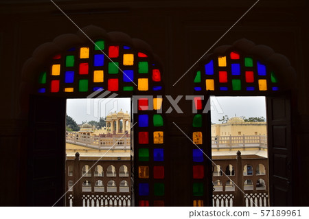 Indian Jaipur-style palace room with beautiful stained glass and door view 57189961
