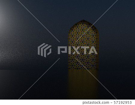 Golden arabic ornament on the black wall with islamic door. 3D illustration 57192953