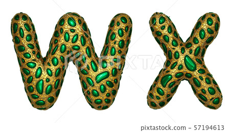 Letter set W, X made of realistic 3d render golden shining metallic. 57194613