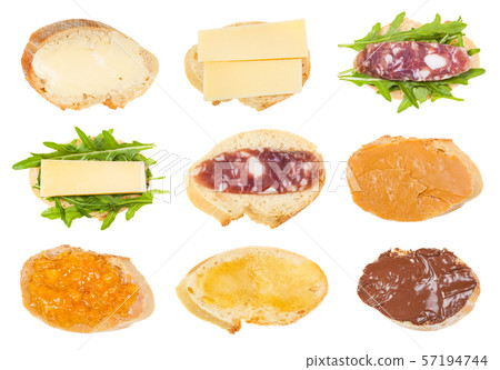 various open sandwiches on fresh bread isolated various open sandwiches on fresh bread isolated 57194744