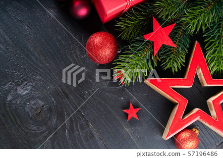 Christmas flat lay scene with golden decorations Christmas flat lay scene with golden decorations 57196486