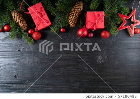 Christmas flat lay scene with golden decorations Christmas flat lay scene with golden decorations 57196488