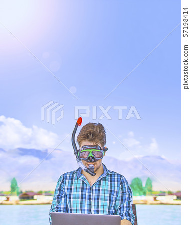 A man is working on vacation. A man is working on vacation. 57198414