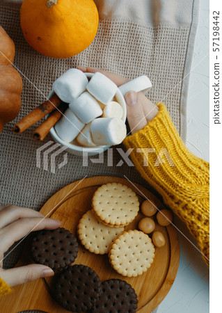 Pumpkin Cookies With Cups Of Coffee. 57198442