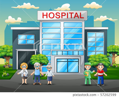 Doctors and patients cartoon in front the hospital Doctors and patients cartoon in front the hospital 57202599