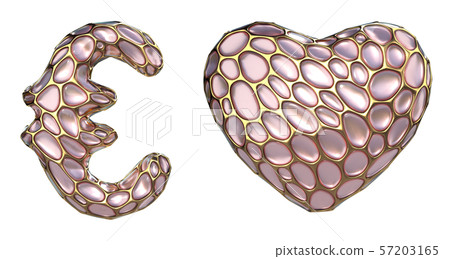 Symbol collection euro, heart made of 3d render pink diamond. 57203165