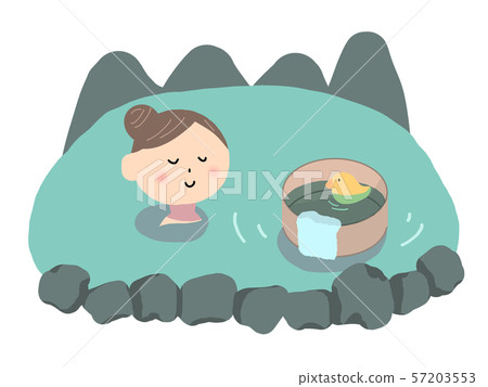 A woman taking a relaxing bath with a mountain, an open-air bath, a duck toy, and a bathtub A woman taking a relaxing bath with a mountain, an open-air bath, a duck toy, and a bathtub 57203553