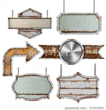 Set of old metal steel sign isolated on white Set of old metal steel sign isolated on white 57203919