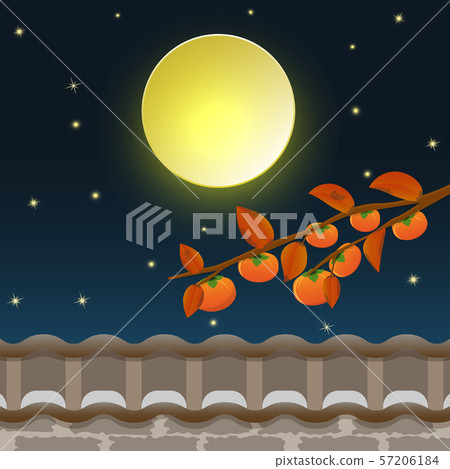 Persimmon tree with full moon on night sky of Mid 57206184