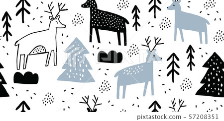 Childish seamless pattern with deers and pines Childish seamless pattern with deers and pines 57208351