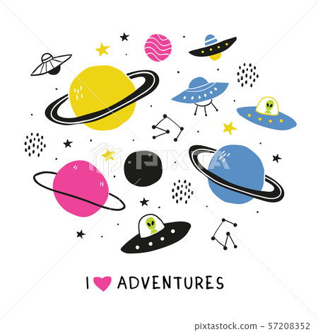 Set on a space theme with doodle alien ufo planets Set on a space theme with doodle alien ufo planets 57208352