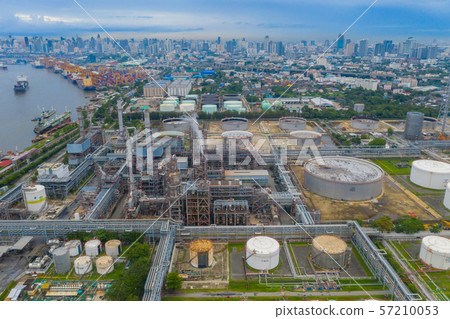 Aerial view of petrochemical oil refinery and sea 57210053