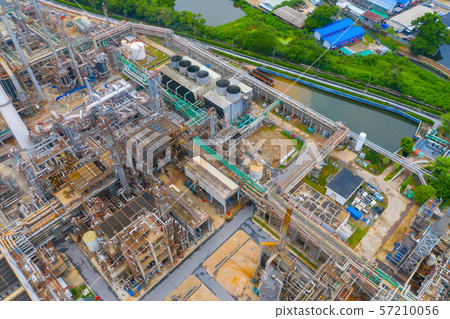 Aerial view of petrochemical oil refinery and sea 57210056
