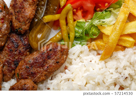 Close-up of meatballs with french fries, rice Close-up of meatballs with french fries, rice 57214530