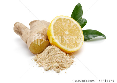 Fresh ginger root with leaves and lemon isolated Fresh ginger root with leaves and lemon isolated 57214575