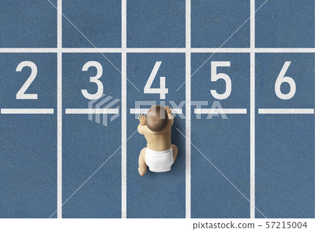 Cute toddler crawling up sport athletic platform top view Cute toddler crawling up sport athletic platform top view 57215004