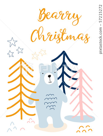 Christmas greeting card kids. Scandinavian style holiday greetings. Bear in forest hand drawn vector 57215272