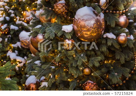Christmas tree closeup. Golden balls and 57215824