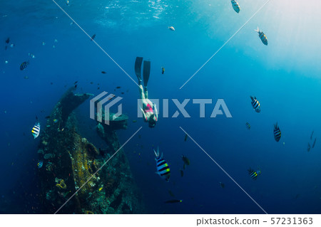 Girl freediver swimming with fins at Liberty wreck ship. Freediving in blue ocean 57231363