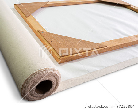 Closeup wooden frame on roll white artist cotton canvas. 57233894