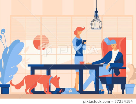 Pet friendly cafe concept. Dog eating from bowl, 57234194