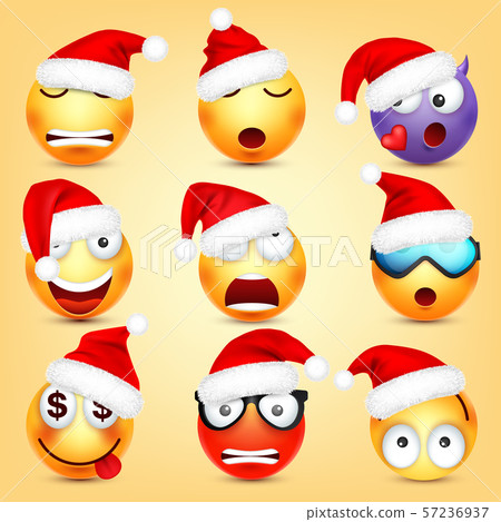 Emoticon vector set. Yellow face with emotions and Christmas hat. New Year, Santa. Winter emoji. Sad 57236937
