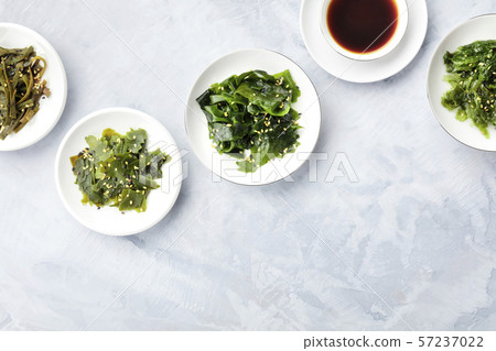 Various seaweed, sea vegetables, shot from above with copy space. Superfoods background Various seaweed, sea vegetables, shot from above with copy space. Superfoods background 57237022
