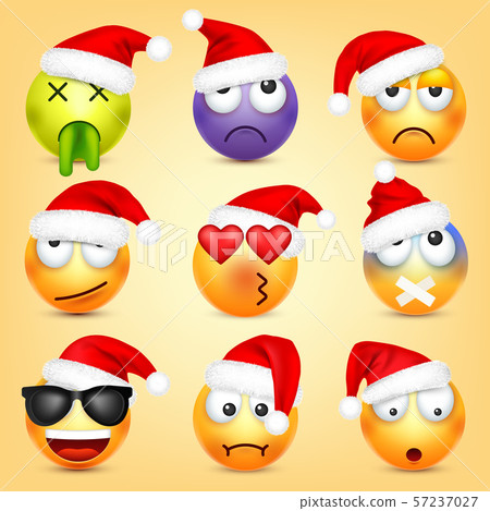 Emoticon vector set. Yellow face with emotions and Christmas hat. New Year, Santa. Winter emoji. Sad Emoticon vector set. Yellow face with emotions and Christmas hat. New Year, Santa. Winter emoji. Sad 57237027