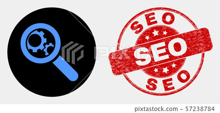 Vector Explore Gears Icon and Scratched Seo Stamp 57238784