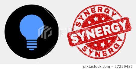Vector Electric Bulb Icon and Scratched Synergy Stamp 57239485
