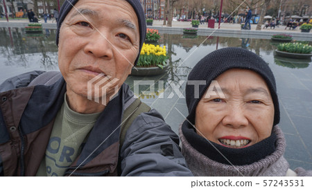 Asian senior couple selfie happy retirment trip to 57243531
