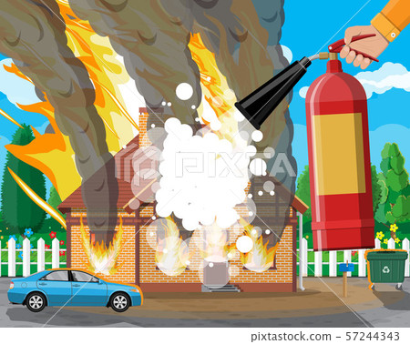 Wooden house burns. Fire in cottage. 57244343