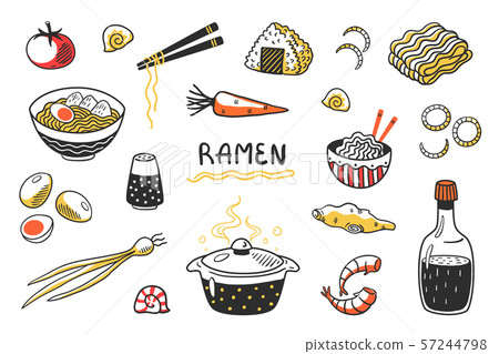 Doodle Ramen. Chinese hand drawn noodle soup with food sticks bowls and ingredients. Vector Asian 57244798
