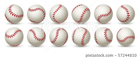 Realistic baseball ball. Leather 3D softball white ball mockup design with red lace. Vector isolated Realistic baseball ball. Leather 3D softball white ball mockup design with red lace. Vector isolated 57244810