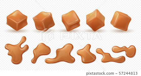 Realistic caramel. 3D milk toffee splash, drips and drops isolated confectionery, sweet candy sauce 57244813