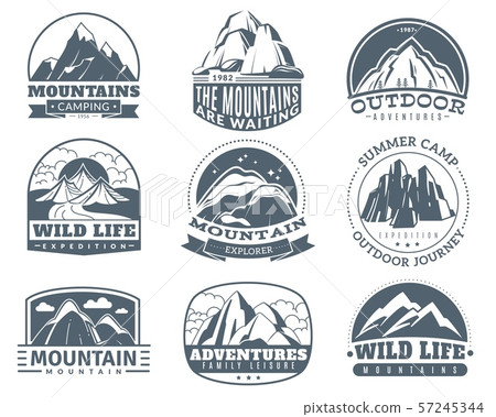 Mountain emblems. Hiking labels with snow mountains peak landscape. Camp and tourism vintage vector 57245344