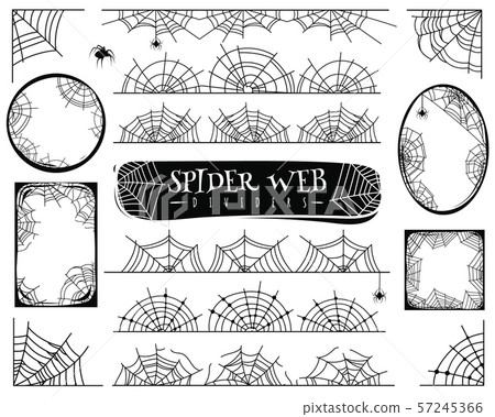 Spider web dividers. Halloween spiderwebs with spiders, cobweb frame and corners. Gossamer borders 57245366